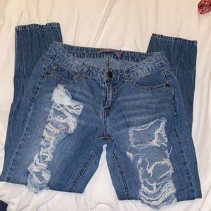 Distressed mom fit straight leg jeans